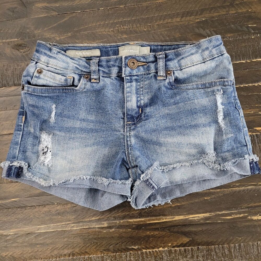 Lucky Brand Girls Riley Distressed Denim Shorts Medium Wash Cuffed Hem Girls 10